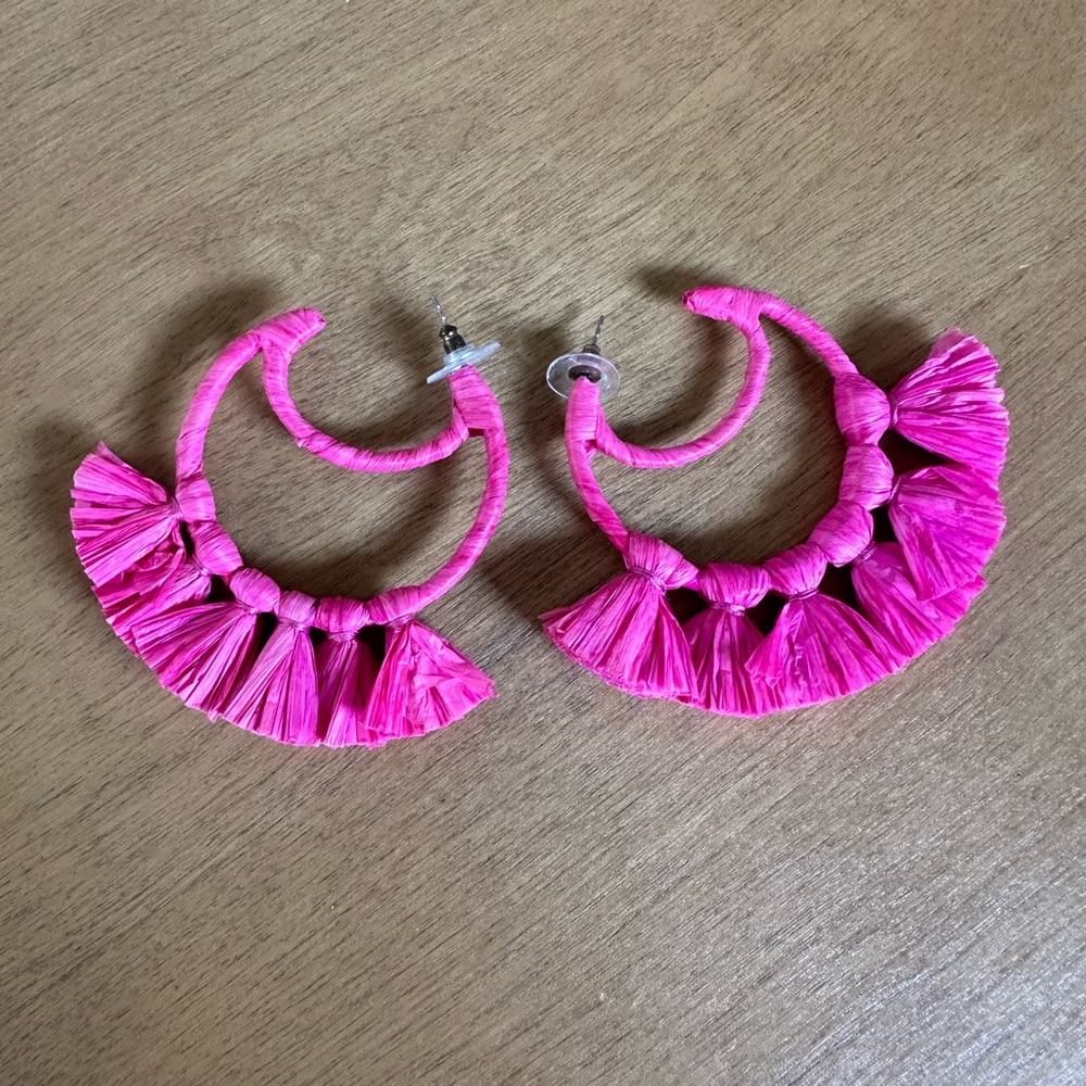 Hot Pink Raffia Tassel Hoop Earrings